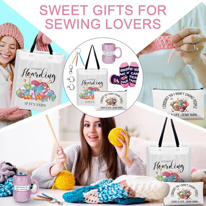 7 Pcs Crochet Knitter Gift Set Humorous Novelty Crochet Mug Mini Hooks Keychain Knitting Loop Ring Makeup Bag Handbag Sock for Women Christmas Beginner Lovers Gifts