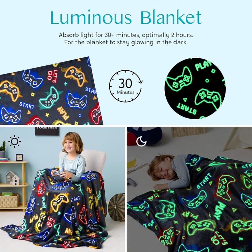 Joiedomi Glow in The Dark Gaming Blanket Gamer Gifts for Boys Age 2 3 4 5 6 7 8 9 10 11 12 Year Old, Soft Cozy Flannel Kids Throw Blanket, Birthday Bedroom Decor Grey 50"×60"