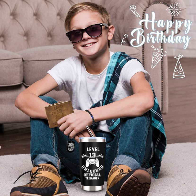 JTAMOHI 8 Pcs Happy 13th Birthday Gifts for Boys, 13 Year Old Boy Birthday Gifts Ideas with 20 Oz Tumbler, Funny Socks, Toilet Paper, Teen Wallet, Bracelet, Keychain for Son, Nephew, Grandson, Brother B0DSPNCMLB
