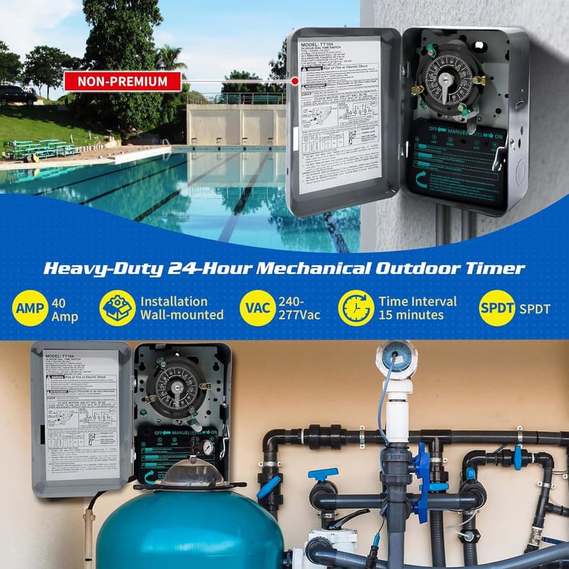 T104M Mechanical Time Switch Mechanism Only, 208-277 VAC DPST 5HP 40A Time Switch, Heavy Duty Electromechanical Timer, 24 Hour 12 ON/Off for Pool Pump HVAC Fans Water Heater Lights