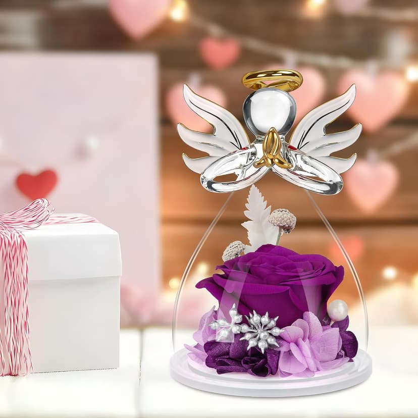 Christmas Rose Gifts for Women,Fresh Flowers for Delivery,Birthday Gifts for Women Mom,Preserved Flowers in Glass Angel Figurine,Angel Christmas Rose Gift for Grandma,Purple Gift Valentines