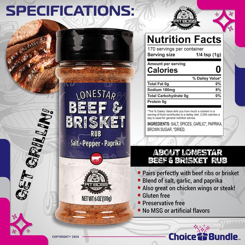 Pit Boss Lonestar Beef & Brisket - Texas Style Premium BBQ Barbecue Mixed Seasoning Spice & Rub 2 pk Choice Bundle (12 oz) + Guide & Bottle Opener (4 Items)!