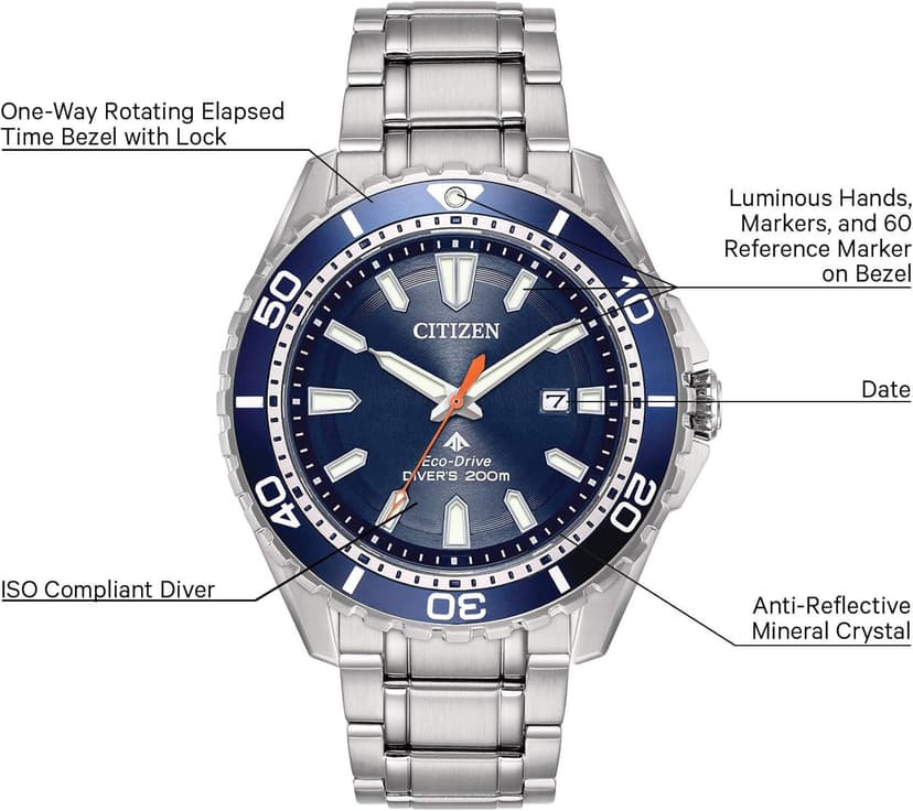 Citizen Citizen Men's Promaster Sea Eco-Drive Stainless Steel Watch, 3-Hand Date, One-Way Rotating Bezel, ISO Compliant, Luminous Hands and Markers