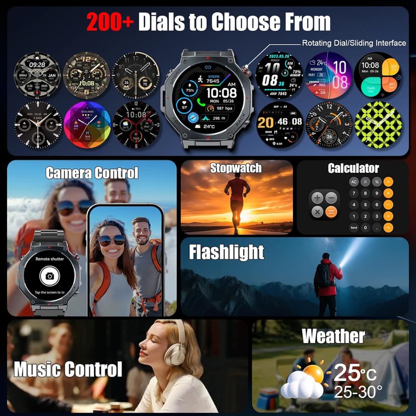 Military Smart Watch for Men Built-in GPS with LED Flashlight Compass, 1.43" AMOLED Display 5ATM Waterproof Fitness Tracker with Heart Rate/Sleep/Blood Pressure, Watches for Android/iPhone, Black