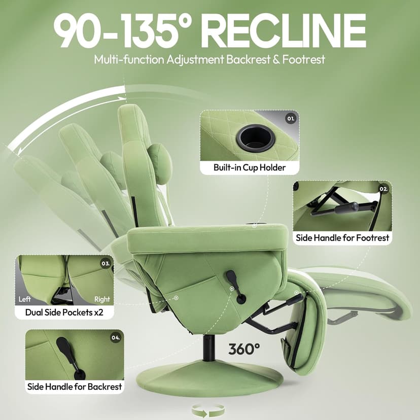 Dowinx Racing Style Gaming Recliner Chair with Massage Lumbar Support, Footrest, Cup Holder, Side Pouch, High Back Ergonomic Video Game Chair Reclining No Wheels Heavy Duty, Fabric Green