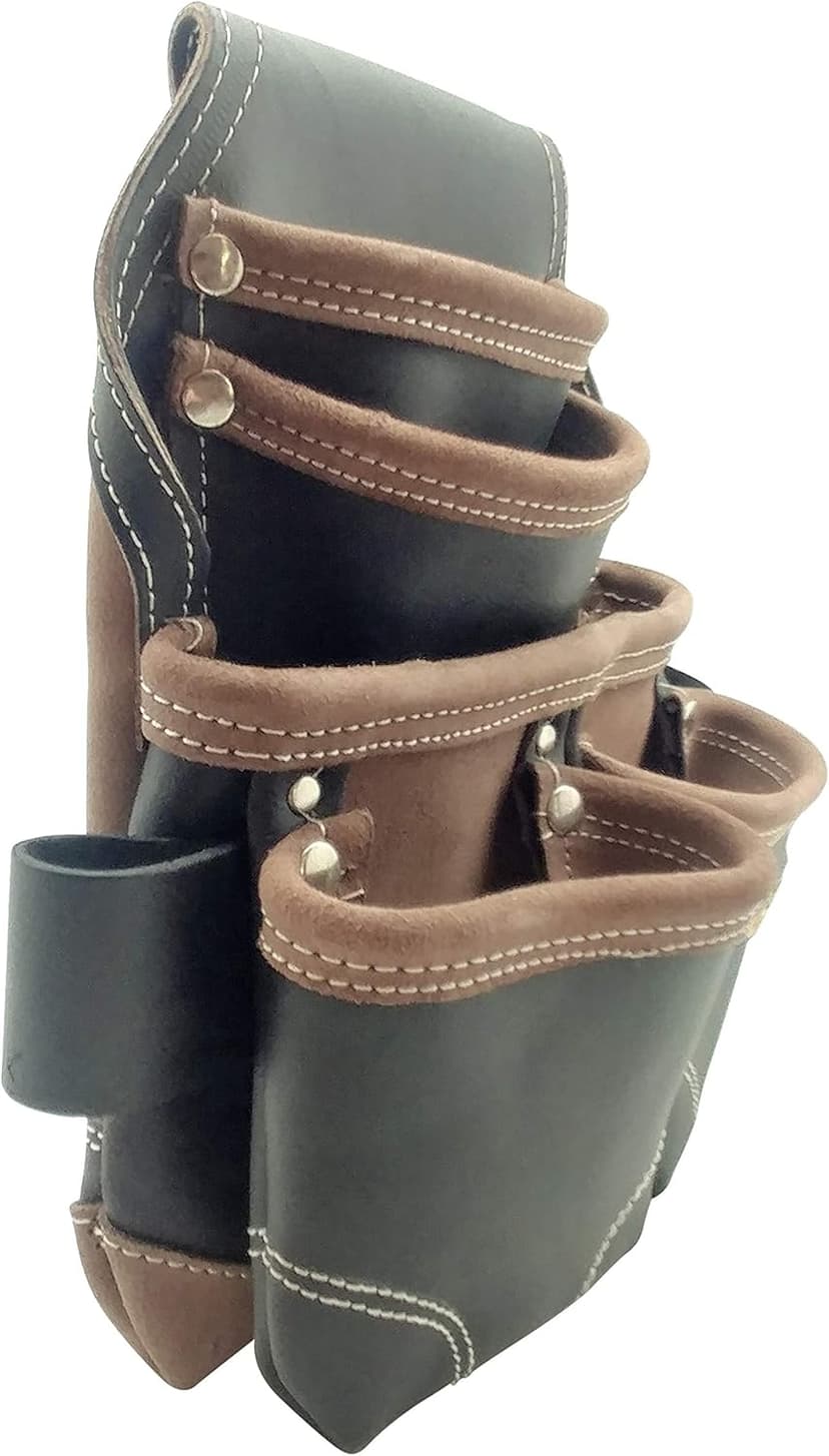 LEATHER GOLD Nail Pouch | Leather Tool Pouch 3150DP, 5 Pockets, Black, Oil-Tanned Leather, Heavy Duty Carpenter Tool Belt with Reinforced Seams and 2 Snap Loops