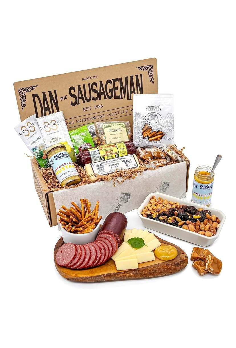 Dan the Sausageman Grizzly 12 Item Meat and Cheese Gift Basket with Summer Sausage, Assorted Cheeses & Crackers - Gourmet Snacks for Gifting