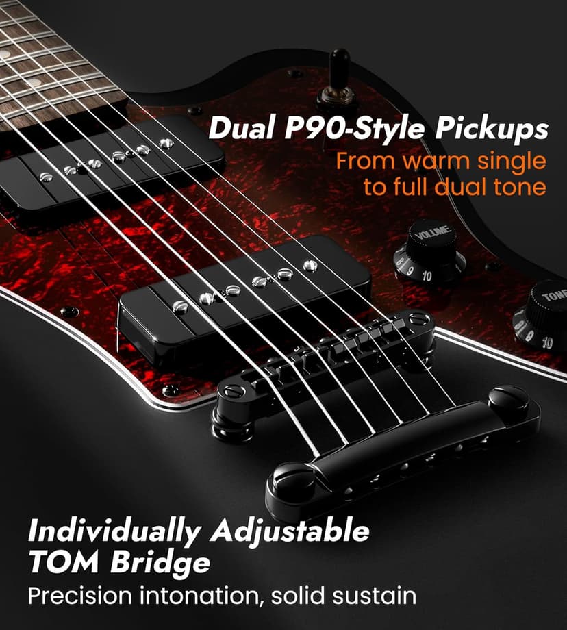 Tostar Electric Guitar: P90 Pickups, TOM Bridge & Smoked Matte Finish, 3-Way Switch, 39" Solid Body Electric Guitar for Intermediate Players, Guitarra Eléctrica Kit, Musical Birthday Gifts, Black