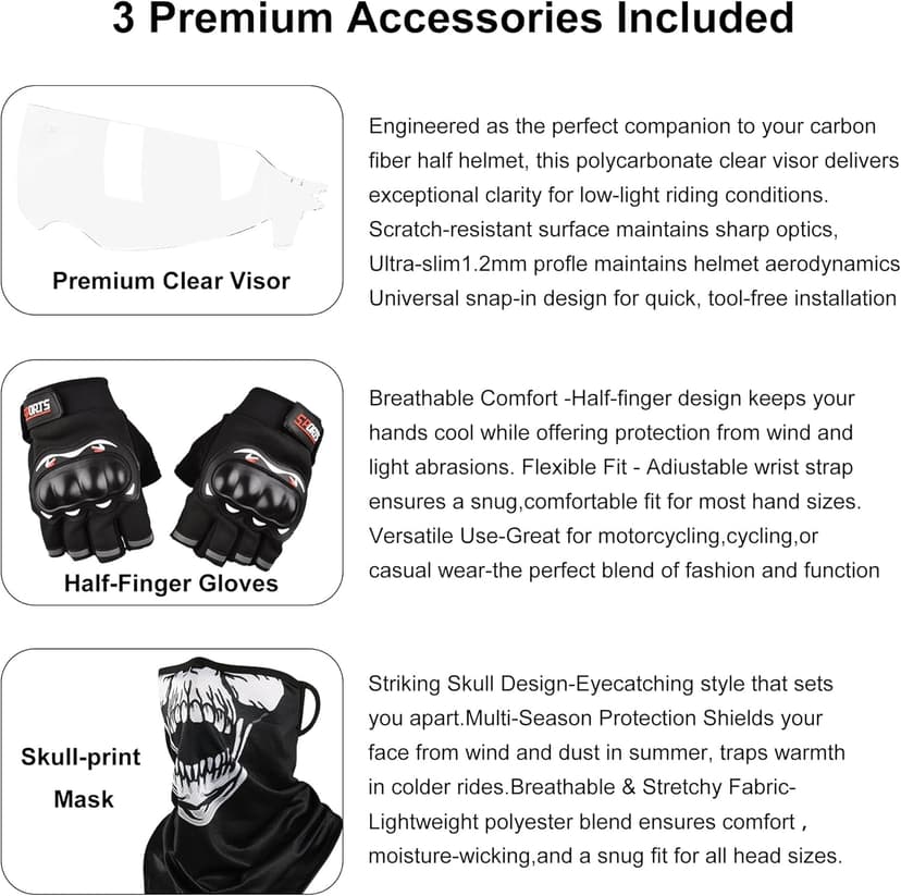 Carbon Fiber Motorcycle Half Helmet for Adults Men & Women – DOT Approved Open Face Retro Helmets with Visor, Vintage Design for Scooter, Moped, Cruiser