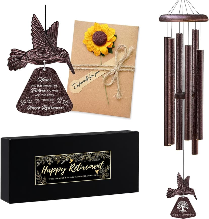 Sunflower greeting card shares warm retirement wishes for women and men, colleagues, bosses, teachers, friends, or coworkers. Wind Chimes Retirement Gift for Women, 32 Inch Hummingbird Chime with Card B0FD3MFY59