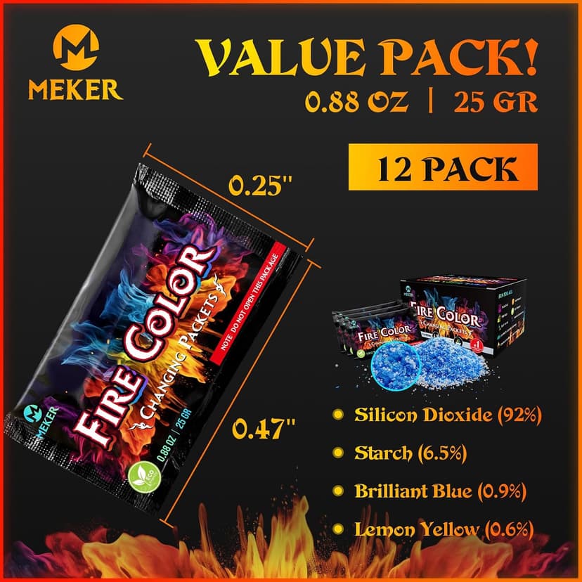 MEKER Fire Color Changing Packets - Fire Pit, Campfires, Outdoor Fireplaces, Bonfire - Magic Colorful Changing Fire - Perfect Fire Camping Accessories for Kids & Adults (12 Pack) B0C9THKCWY