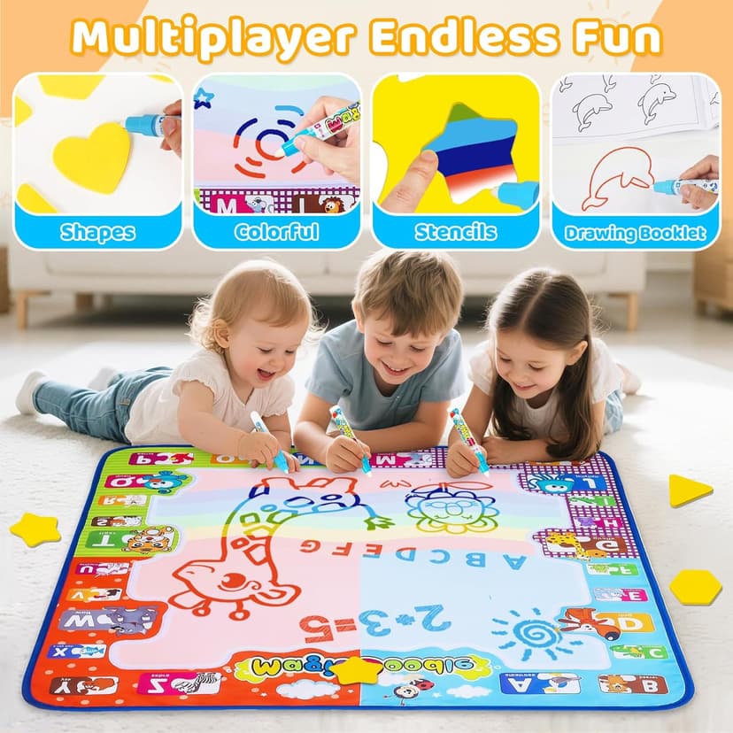 KIZZYEA Toys for 2 3 4 5 Years Old Boys Girls, Water Doodle Mat for Kids, Large Coloring Painting Writing Mat with Neon Colors, Educational Toys Christmas Birthday Gifts for Age 2-4, 3-5 Toddlers