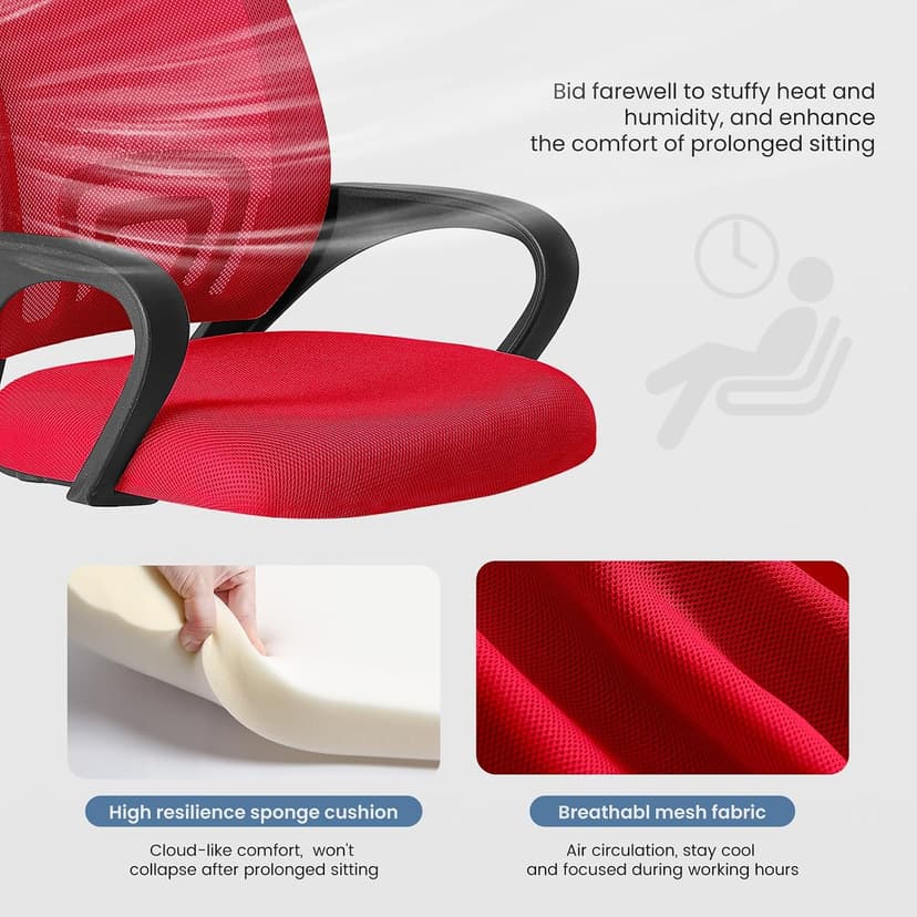 DUMOS Home Office Chair - Ergonomic Mid Back Mesh Desk Chair with Lumbar Support & Rocking Mode, Height Adjustable with Fixed Armrest, for Computer, Gaming, Meeting, 360° Swivel, Red