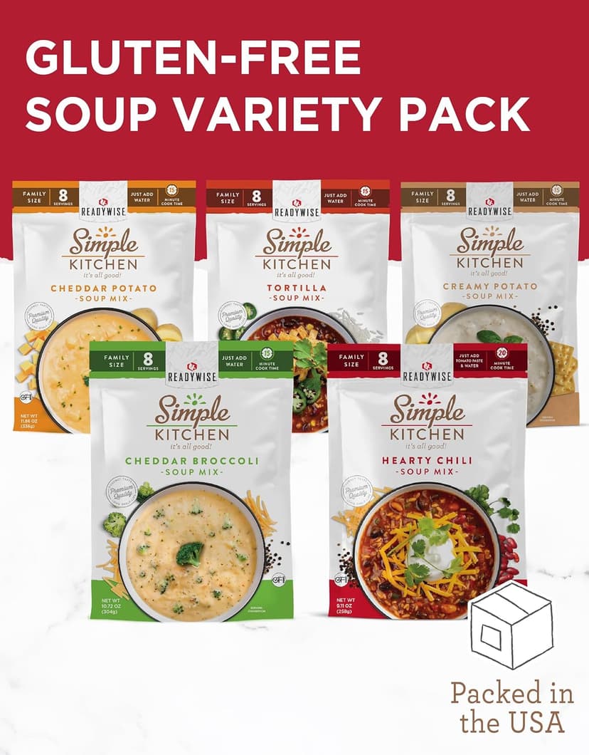 READYWISE - Simple Kitchen, Soup Sampler, Variety Pack, 8 Servings Per Pouch, Soup Mix, Family Size, MRE, Gluten Free, Freeze Dried Food, Ready To Eat Meals, Hiking & Backpacking Food, Soup for Family, Pack of 5
