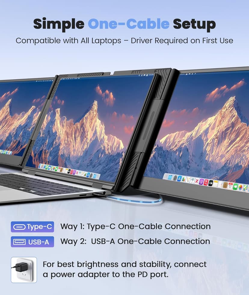 One Cable Laptop Screen Extender, 15.6” Ultra-Slim Triple Portable Monitor, 1080P FHD IPS Display, USB-C/USB-A Connection, Travel Monitor for 13–17.3" Laptops, MacOS/Windows/Android