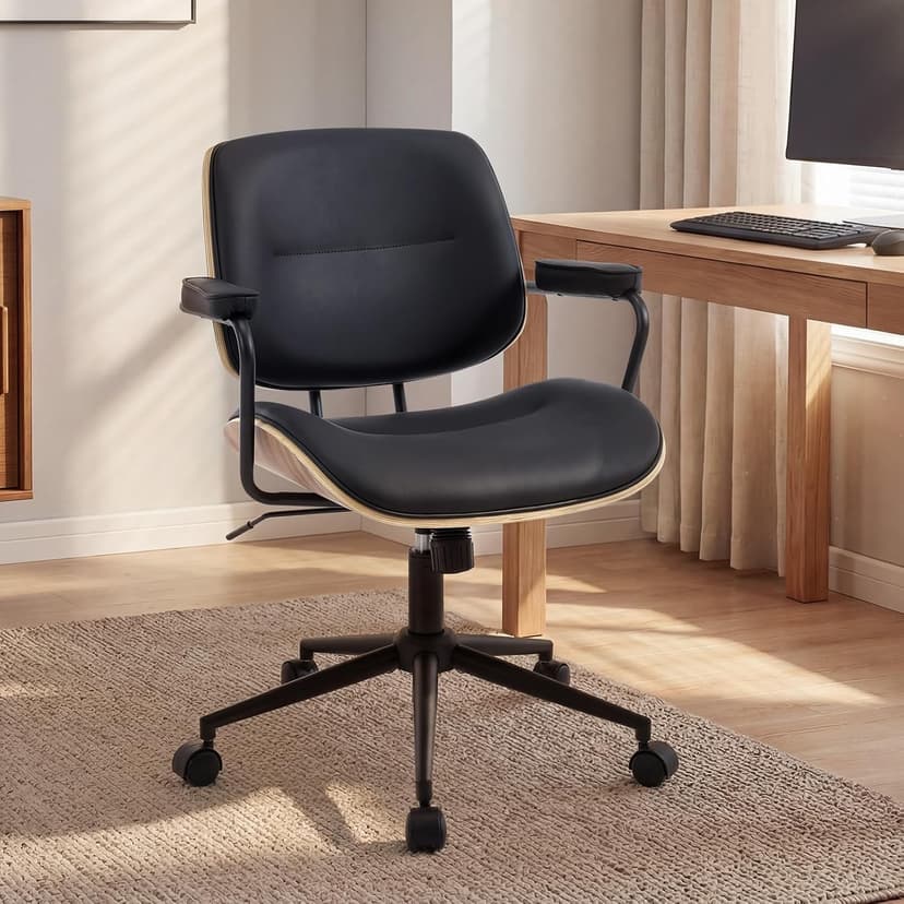 BV BONNE VIE Mid Century Walnut Office Chair with Arms, Adjustable Swivel Desk Chair, Leather Computer Chair with Rolling Wheels for Home Office or Study Room, Black