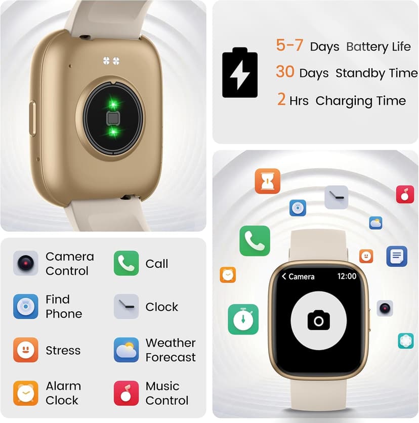 Smart Watch with Alexa Built-in, 1.83" HD Touchscreen Fitness Tracker with Bluetooth Calling, Fitness Watch with Heart Rate/Sleep Monitor/120+ Sports, IP68 Waterproof Smartwatch for Android iOS, Cream