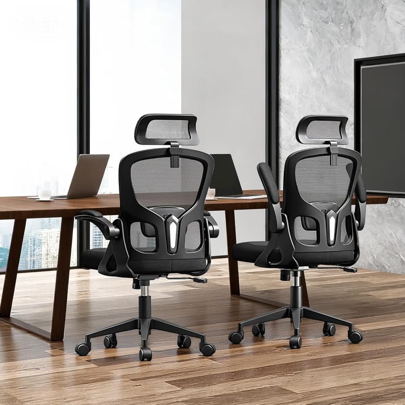 Ergonomic Office Chair, High Back Desk Chair with Flip-up Arms, 300 LBS Mesh Computer Chair with Adjustable Headrest & Lumbar Support, Comfy Gaming Chair for Adults, Home Office Desk Chairs (Black)