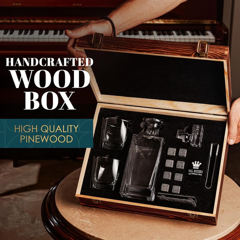 Whiskey Decanter Gift Set by Royal Reserve – Liquor Bourbon Decanter 24 oz 750 ml with Glasses, Chilling Stones, Coasters and Tong – Whiskey Gifts for Men, Husband, Dad, Boyfriend