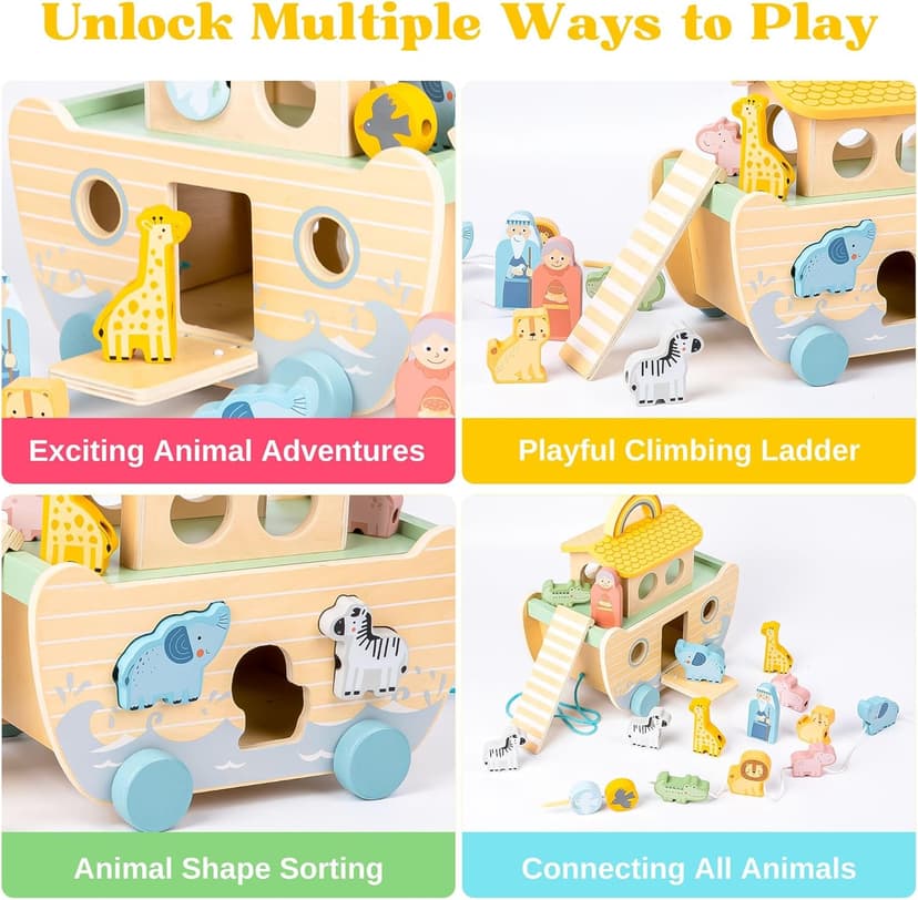Wooden Noah’s Ark Toy - Baptism Gifts for Baby Girl, Boys & Kids | Fun Colorful Christening & Baptismal Gifts for Boys & Girls | Christian & Catholic Baby Gifts | Noahs Ark Toys for Toddlers from 2