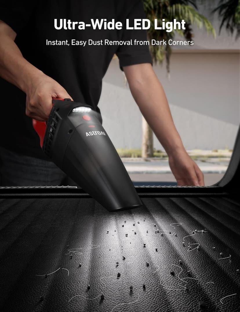 AstroAI Handheld Car Vacuum Cordless with Accessories, Portable Vacuum Cleaner with 12V DC Power, LED Light, Brush, Extended Suction Pipe, Hose, Mini Handheld for Car, Home, Office, and Pet Hair, Red