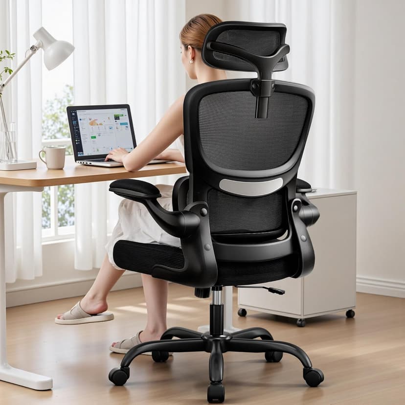 BESTFAIR High Back Ergonomic Office Chair, Breathable Mesh Desk Chair with Lumbar Support, Adjustable Headrest, Flip-up Armrests, Computer Gaming Chair, (Black)