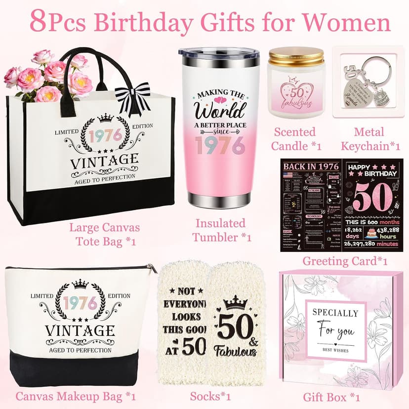 50th Birthday Gifts for Her, Vintage 1976 Happy 50th Birthday Gifts Basket for Women Unique Gift Ideas for 50 Year Old Women Mom, Wife, Sister, Friend, Colleague Funny Bthday Gift Turning 50 Year Old B0FY6GMK78