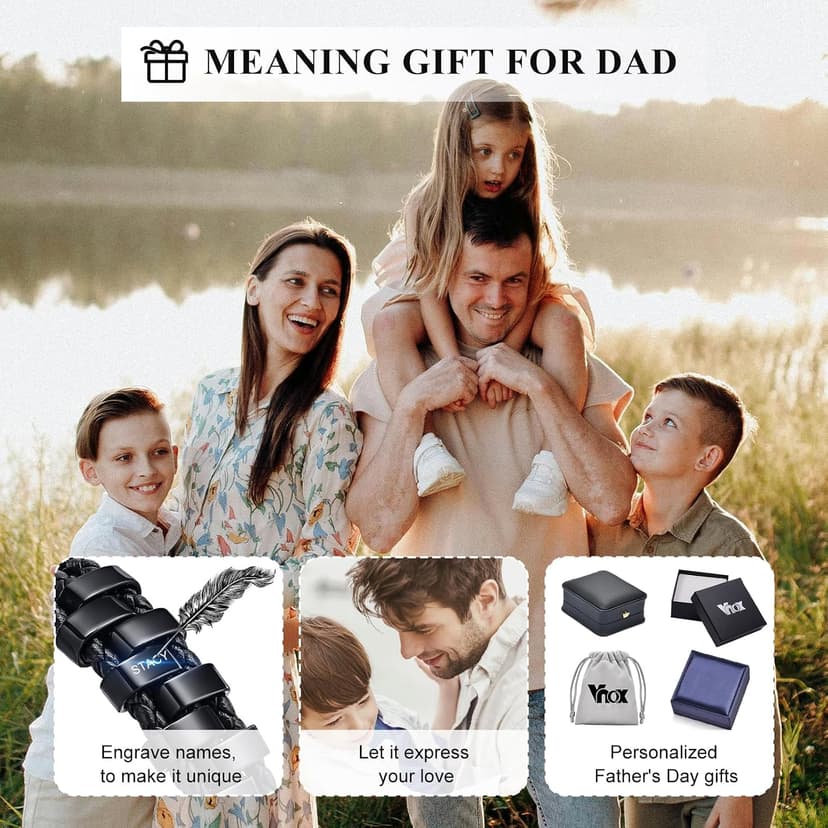 VNOX Fathers Day Gift for Dad Personalized Name Bracelet for Men Braided Leather Bracelets with Names Custom Beads Dad Bracelet for Husband Father,Personalized Gifts from Daughter Wife Son Kids B0CNGWVGGH