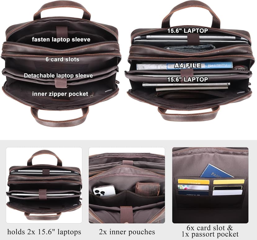 Masa Kawa Leather Briefcase for Men 15.6", 17" Laptop Computer Case Business Travel Work Messenger Cross Body Shoulder Bag