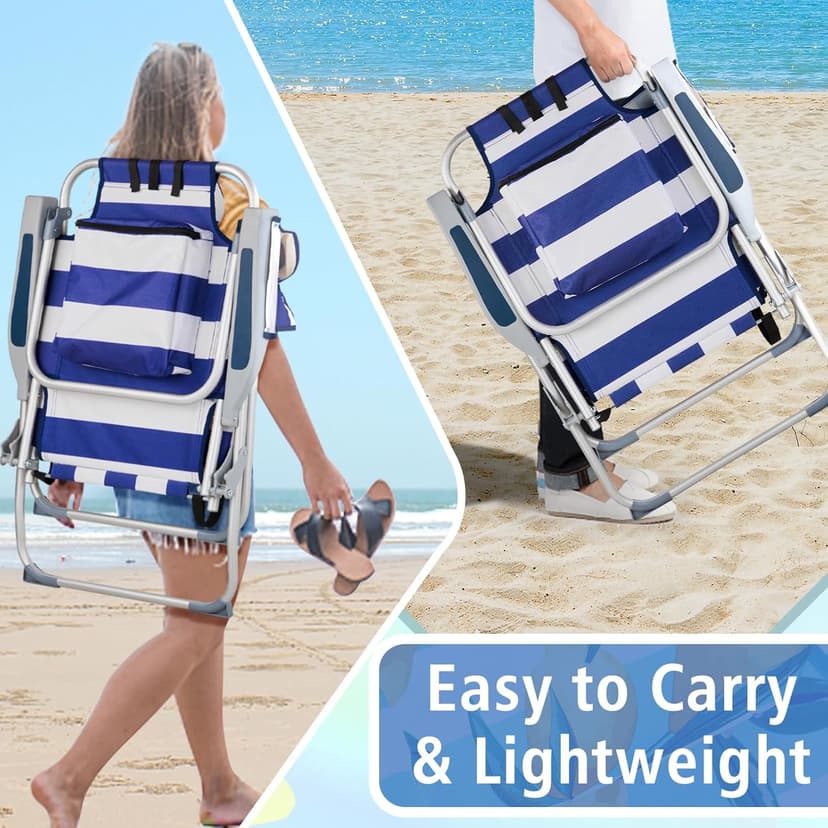 VINGLI Aluminum Backpack Beach Chair for Adults, Portable Lightweight Reclining Beach Chair with Headrest & Side Pocket, Lay Flat Beach Chair with 5 Positions for Outdoor Lawn/Fishing/Pool Lounge