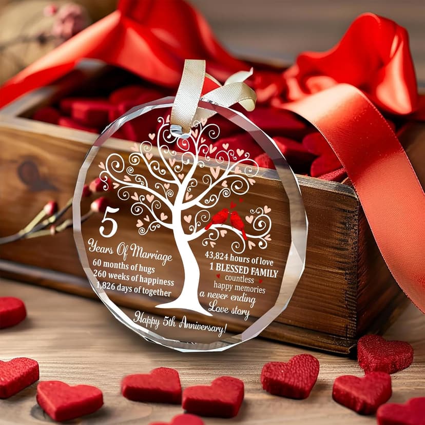 5th Wedding Anniversary Glass Ornament for Couple, Wife, Husband or Parents, Unique Wood Wedding Anniversary Idea, A Meaningful Christmas Decor to Celebrate Five Years of Love
