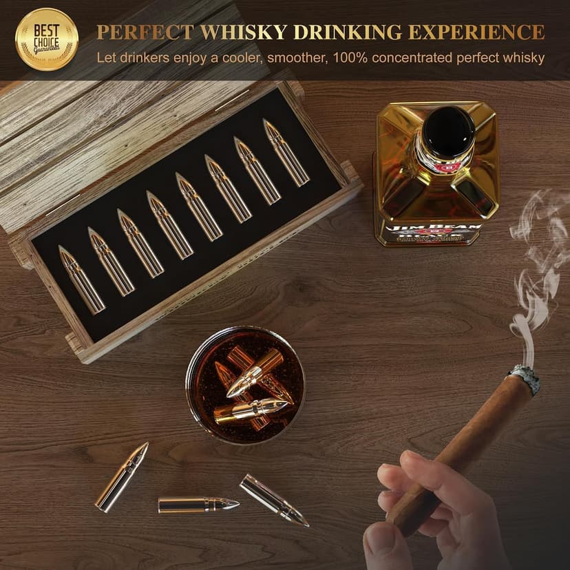 Reusable stainless steel whiskey chillers; birthday, anniversary & Father's Day gifts for men, Dad, husband or boyfriend. 8Pcs Bullet Whiskey Stones, Reusable Metal Ice Cubes, Whiskey Gifts for Men B0DCP33PNX