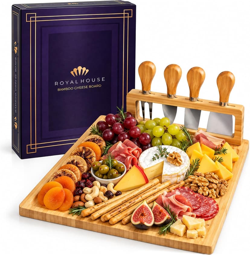 RoyalHouse Bamboo Cheese Board and Charcuterie Boards Set & Serving Tray for Meat, and Wine - Birthday Gifts for Women, Wedding Gifts for Couples 2025, Bridal Shower, Housewarming Gifts New Home