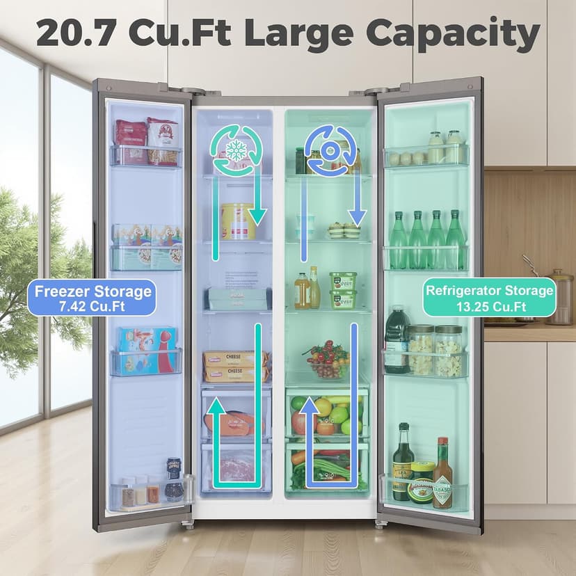 Iceblue 20.7 Cu.Ft. Side-by-side Refrigerators, 36" Full Size Refrigerator, Zoning Temperature Control Beverage Refrigerator with Freezer, Frost Free Beverage Fridge - Black Stainless Steel