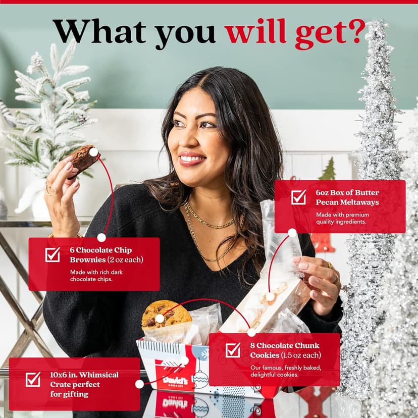 David’s Cookies Holiday Cookies and Brownies Gift Basket Crate - Deliciously Flavored Assorted Cookies and Brownies in a Christmas Snack Box Gift Crate - Gourmet Holiday Food Gift Basket for Sharing