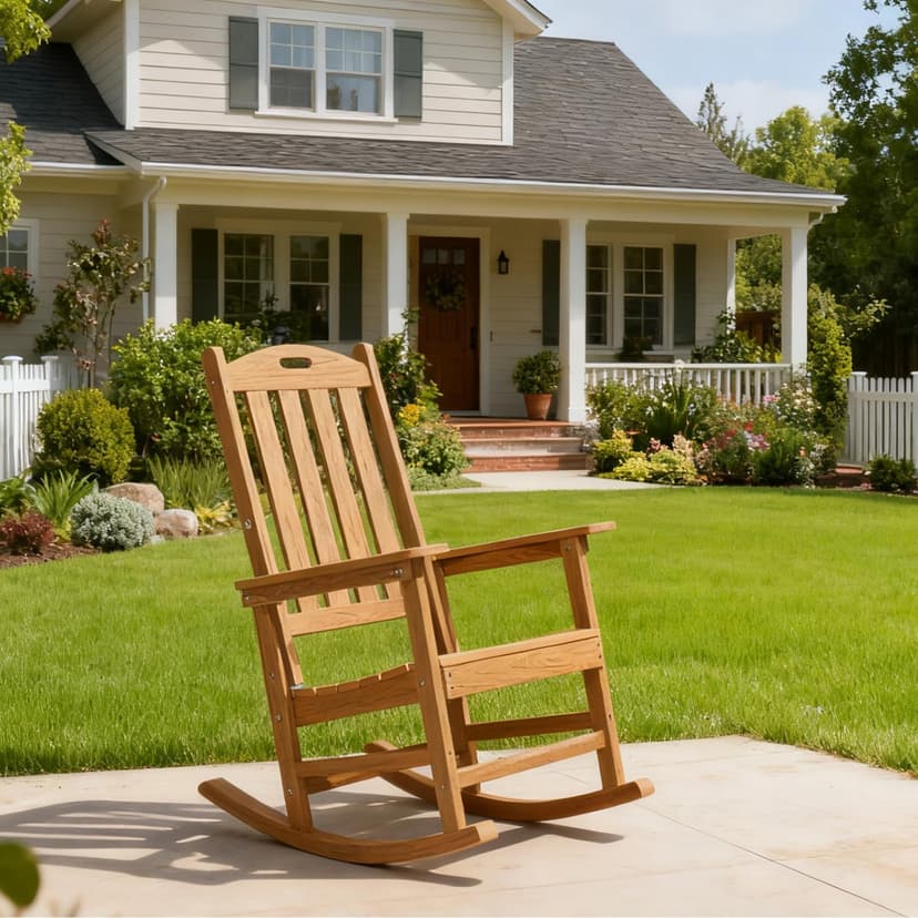 Rocking Chair Indoor Oversized Wooden Slatted Porch Rocker for Outdoor All Weather Lounge Garden Chair Comfortable Seating for Patio Deck Backyard Lawn Fire Pit, Wide Seat and High Back, Teak