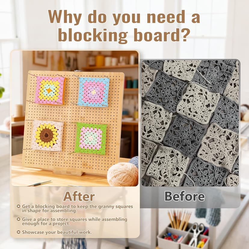 NewEle 17.0" Foldable Crochet Blocking Board with 40 Stainless Steel Pegs - Upgrade Large Blocking Boards for Crochet Projects, Bamboo Granny Square Crocheting Accessories Gifts for Crocheters