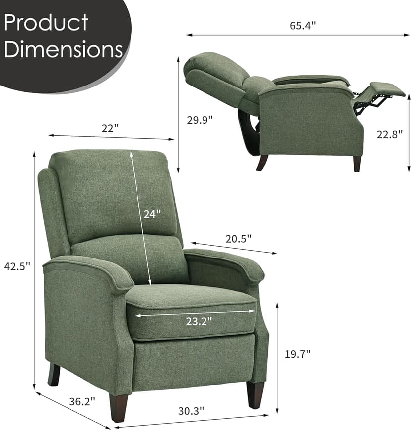 VKNOW Recliner Chair, Fabric Recliner with Soft Armrest, Home Theater Seating with Adjustable Push Back and Lumbar Support, Single Sofa for Adults, Lounge Chair for Living Room, Bedroom(Green)