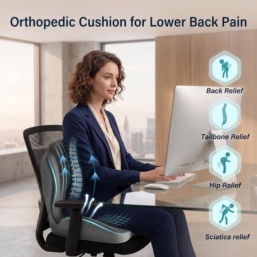 Ergonomic Office Chair Seat Cushion, L-Shaped Memory Foam Coccyx Cushion for Tailbone Pain Relief, Orthopedic Car Seat Cushion with Lumbar Support & Cutout Hollow for Sciatica & Back Pain (Grey