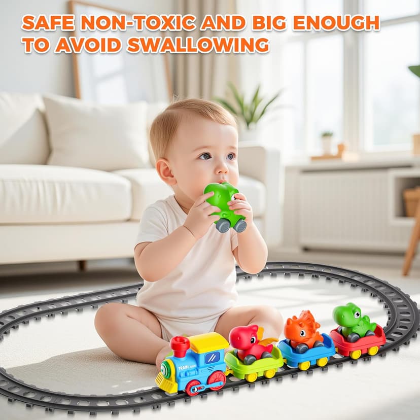 Train Set for Toddlers w/Steam, Music & Lights - Electric Train Toys for Kids w/Tracks Accessories, Including 3 Dinosaur Car and 3 Trailer; Gifts for 1-3 4 5 6+ Years Old Boys Girls