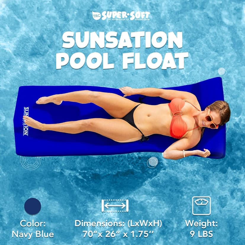 TRC Recreation 2-Pack Sunsation 1.75" Thick Foam Pool Float Lounger, Navy Blue w/Headrest for Lounging & Sunbathing in Swimming Pools, Beaches & Lakes, 70" x 26"