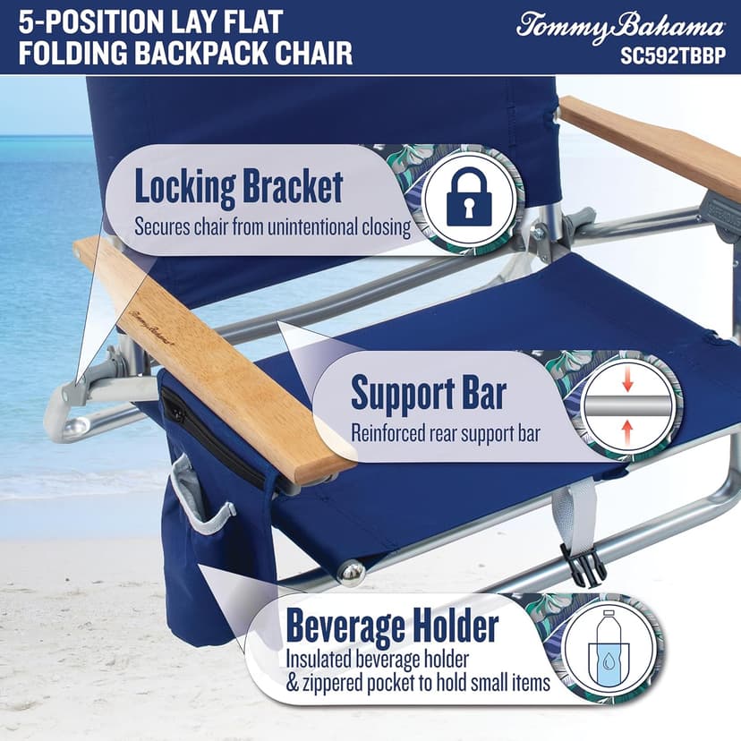Tommy Bahama 5-Position Classic Lay Flat Folding Backpack Beach Chair, Aluminum, Red, White, and Blue Stripe