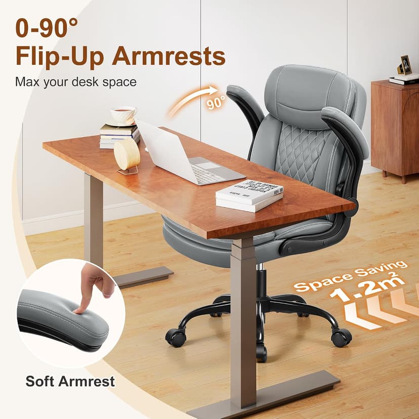 Leather Office Chair, Upgraded PU Computer Desk Chairs with Double-Layer Seat Cushion and Neckrest, 360°Swivel, Ergonomic Small Gaming Chair with Wheels and Adjustable Armrests for Short People, Grey