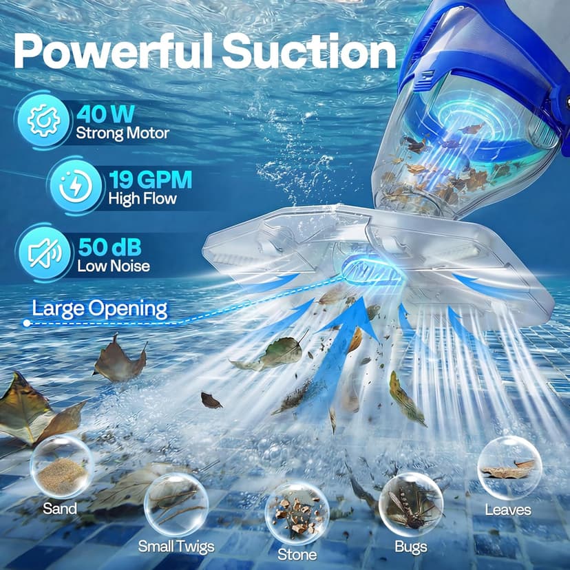 VIVOHOME 1140GPH Handheld Pool Vacuum Cordless Cleaner Powerful 40W Motor Suction Long-Run 75min Battery, 2.6L Visible Filter, Adjustable 8.2FT Pole for Above Ground & In-Ground Pools