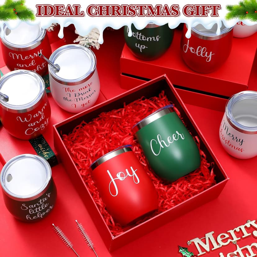 12 Pcs Christmas Wine Tumbler Set, 12 Oz Stainless Steel Double Wall Vacuum Insulated Coffee Mug Stemless Xmas Wine Glasses With Lid Straw Brushes for Women Friends Men Travel Gifts (Texts)