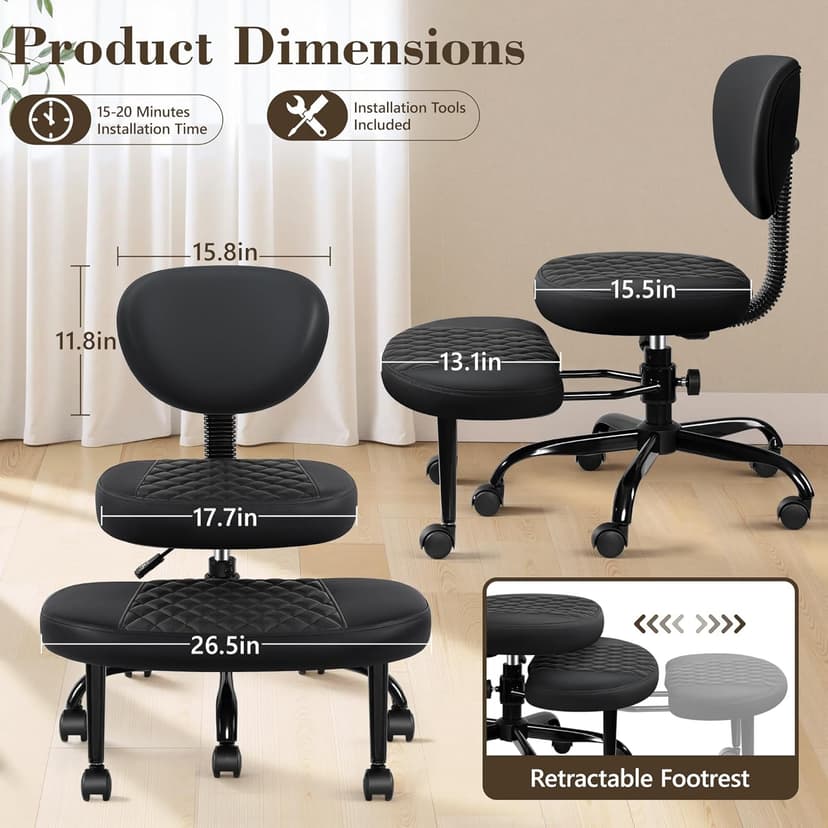 AtHope Ergonomic Cross Legged Office Chair with Wheels - Adjustable Height for Meditation, ADHD Desk & Yoga - Wide Criss Cross Design with Lumbar Support, Kneeling Chair - Black