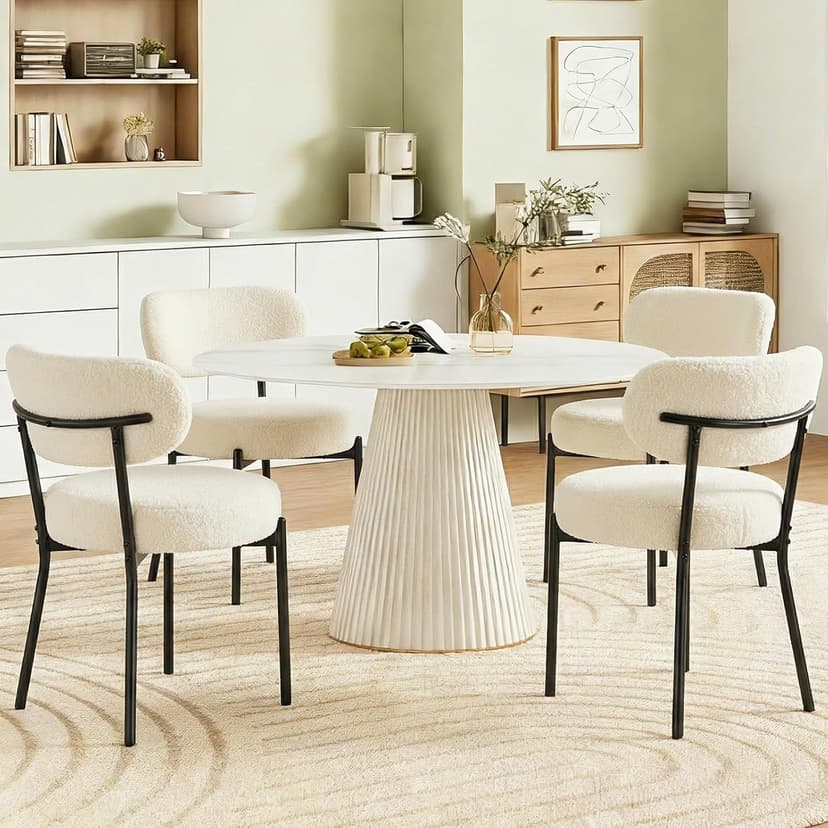 DUMOS Dining Chairs Set of 4, Mid Century Modern Chair Round Upholstered Curved Backrest, Kitchen Vanity Living Room Chairs with Black Metal Legs,Light Beige
