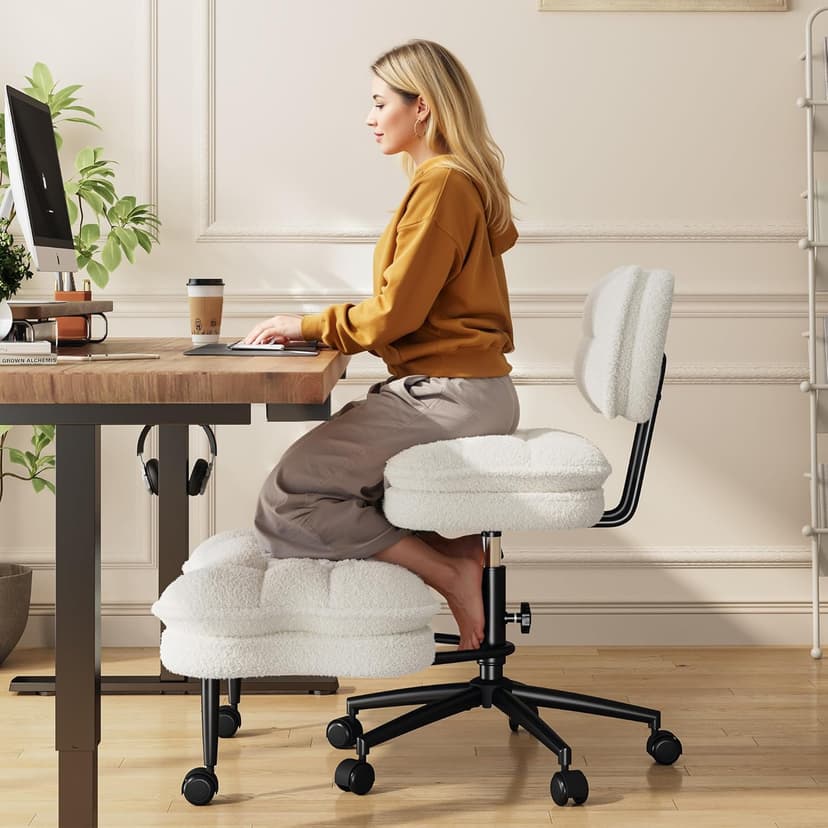 DurayLoly Ergonomic Cross Legged Chair 360° Swivel Meditation Chair with Wheels, Height Adjustable Seat for ADHD, Strong Lumbar Support,Home Office Furniture, Teddy Fabric,White
