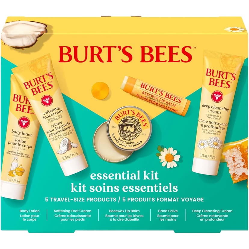 Burt's Bees Christmas Gifts - Essentials Everyday Set, 5 Travel Size Products for Stocking Stuffers - Deep Cleansing Cream, Hand Salve, Body Lotion, Foot Cream and Original Lip Balm