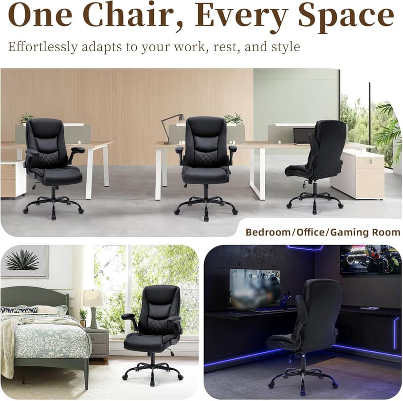 Office Chair, Executive Leather Office Chair with Lumbar Support & Flip-up Armrests, Ergonomic Adjustable High Back Swivel Chair with Rocking Function (Black)